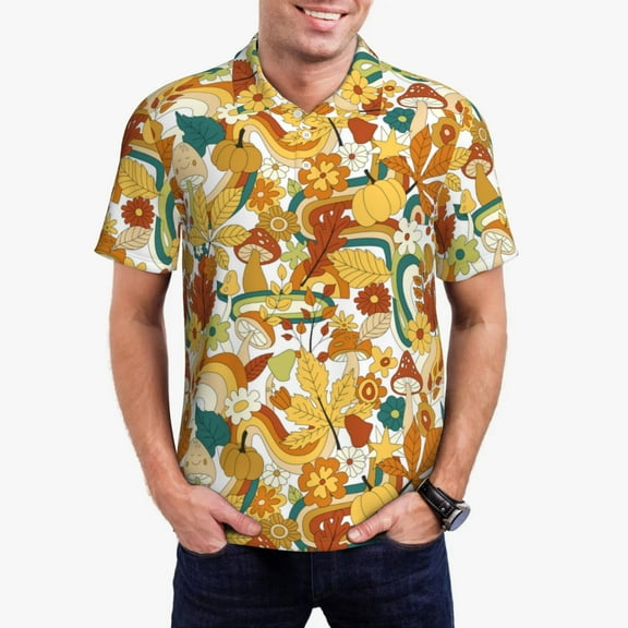 Pofeuu 70s Groovy Hippie Print Men's Loose Fit Midweight Short-Sleeve Pocket Polo-3X-Large
