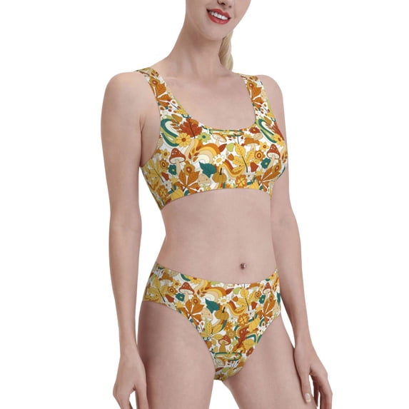 Pofeuu 70s Groovy Hippie Print Womens Bathing Suits Modest High Waisted Bikini Sets Cute Halter 2 Piece Swim Suit