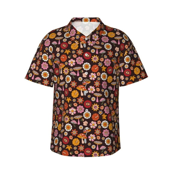 Pofeuu 70s Groovy Hippie Retro Print Hawaiian Shirt for Men Sleeves Casual Button Down Summer Beach Dress Shirts T-Shirts,Medium