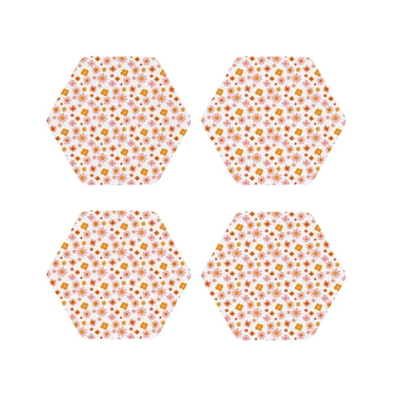 Pofeuu 70s Retro Flowers Print Coasters for Drinks, 4Pack PU Leather Coasters, Bar Drink Coasters for Tabletop Protection, Furniture from Damage-Hexagon