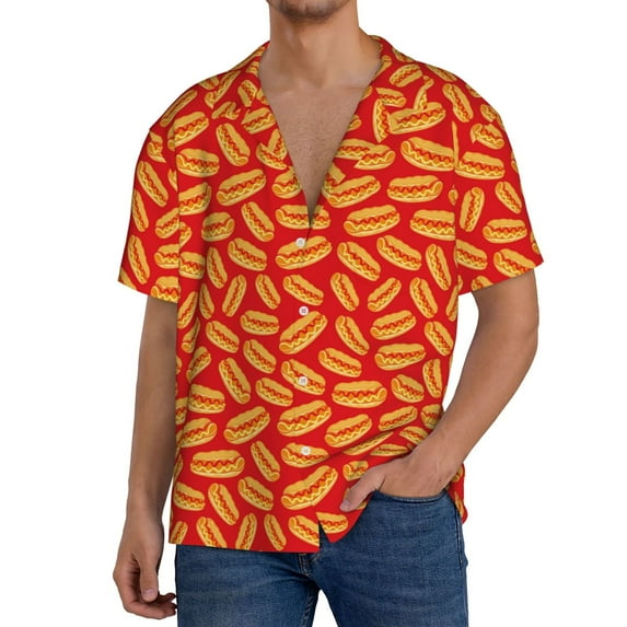 Pofeuu A Big Hot Dog Print Mens Casual Short Sleeve Shirts Beach Summer Spread Collar Pocket Tops Men's Casual Short-sleeved Shirt-XX-Large