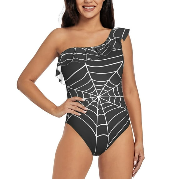Pofeuu A Web With A Spider Print Women's One Piece Swimsuits One Shoulder Swimwear Asymmetric Ruffle Monokinis Bathing Suits-X-Large