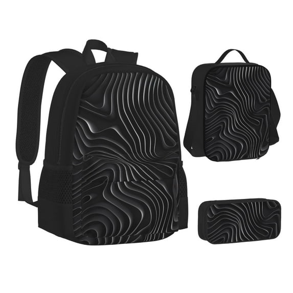 Pofeuu Abstract Black And White Waves Print Backpack Travel Backpacks With Lunch Bag Pencil Bag Set 3 pcs Set Cartoon Backpack