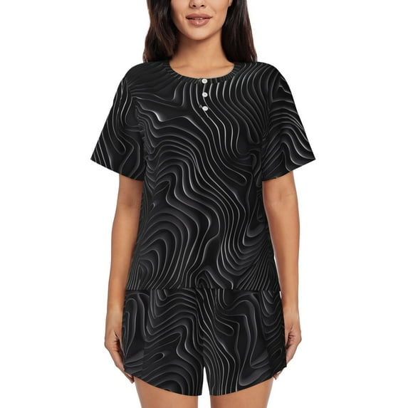 Pofeuu Abstract Black And White Waves Print Women's Pajama Set Short/Shorts Soft Button PJs Elastic Drawstring Waist Sleepwear-X-Large