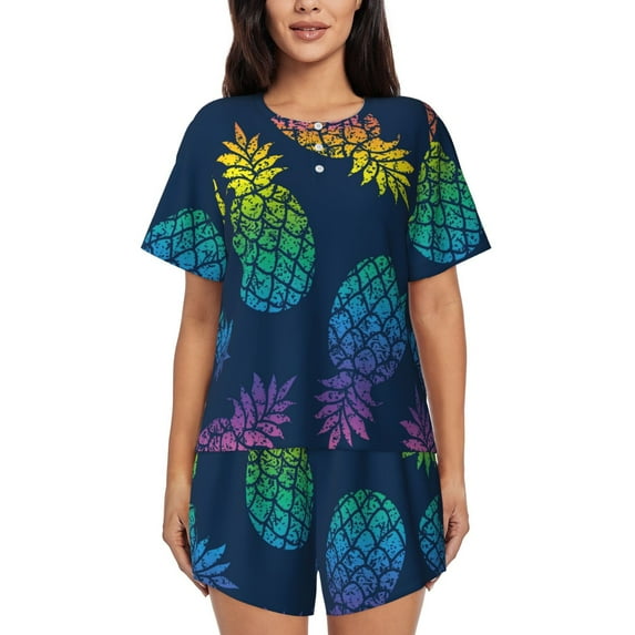 Pofeuu Abstract Bright Pineapple Fruit Retro Print Women's Pajama Set Short/Shorts Soft Button PJs Elastic Drawstring Waist Sleepwear-4X-Large