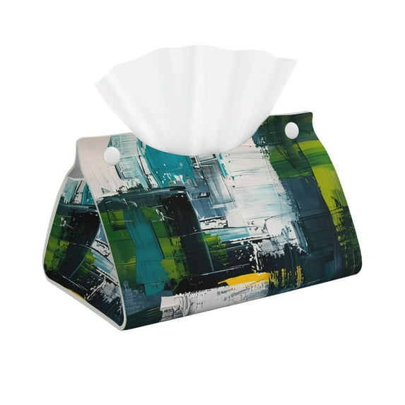 Pofeuu Abstract Brushstrokes Green Blue Print Tissue Box Cover, Modern Decorative PU Leather Rectangular Tissue Box Case Organizer Holder for Vanity Countertop, Night Stands, Livingroom