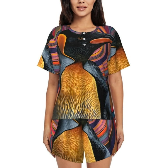 Pofeuu Abstract Pattern Penguin Print Women's Pajama Set Short/Shorts Soft Button PJs Elastic Drawstring Waist Sleepwear-Large