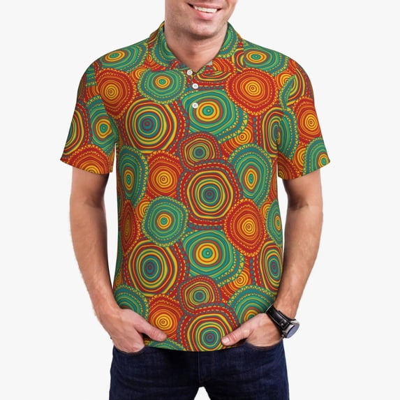 Pofeuu Abstract Pattern Print Men's Loose Fit Midweight Short-Sleeve Pocket Polo-X-Large