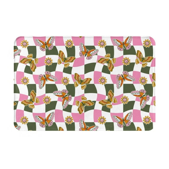 Pofeuu Abstract Pink Plaid Butterfly Print Flannel Doormats Rug16"x24"Rug Washable Doormats Indoor Outdoor Rugs for Layered Front Door Mats, Porch, Kitchen, Entryway
