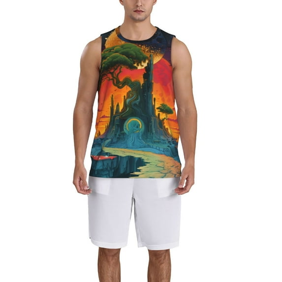 Pofeuu Abstract Tree Castle Print Basketball Jersey, Shirts for Men Youth Basketball Jersey Crew Neck-4X-Large