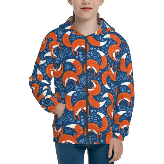 Pofeuu Abstract Vintage Fox and Plants Print Teenage Zipper Hoodie Sweatshirts Hooded Casual Jackets With Pocket For Boys Girls-Small