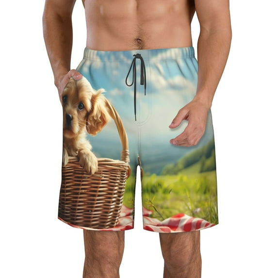 Pofeuu Adorable Puppy Basket Prin Men's Swim Trunks Quick Dry Bathing Suit Swimming Board Shorts Mesh Lining Beach Swimwear-XX-Large