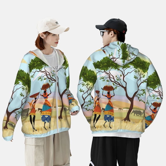 Pofeuu African Women Print Sun Protection Outdoor Lightweight Full Zip UV Cooling Hoodie Long Sleeve Summer Clothing for Outdoor Hiking-XX-Large