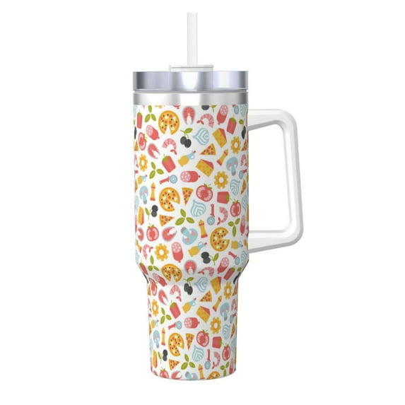 Pofeuu Afternoon Tea Print 40oz Ice Bully With Handle And Straw Stainless Steel Vacuum Insulated Cup And 2 In 1 Straw Lid