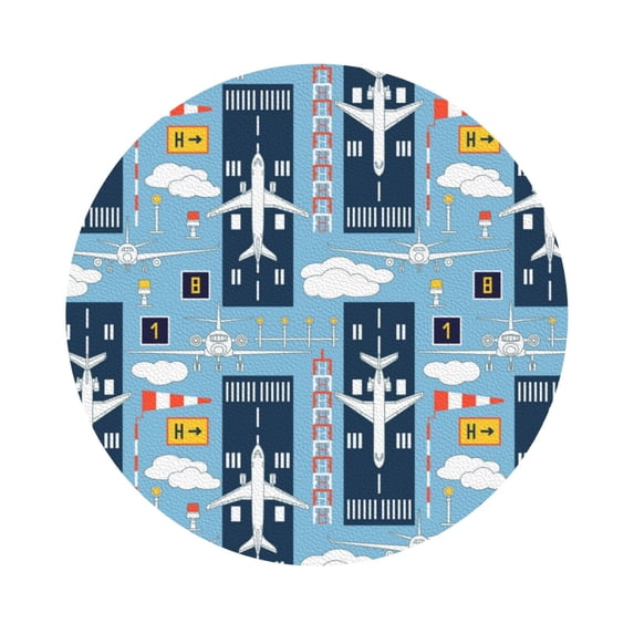 Pofeuu Airplanes and Aviation Signs Print Leather Coasters Set of 6, Round Cups Mugs Mat Pad for Home Kitchen Heat Resistant Drink Coasters,Round Shape
