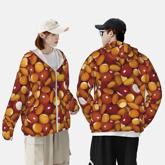 Pofeuu Almond Nuts Print Sun Protection Outdoor Lightweight Full Zip UV Cooling Hoodie Long Sleeve Summer Clothing for Outdoor Hiking-Small