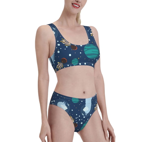 Pofeuu Alpaca Astronaut in Space Print Womens Bathing Suits Modest High Waisted Bikini Sets Cute Halter 2 Piece Swim Suit