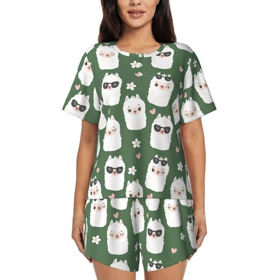 Pofeuu Alpaca Faces Print Women's Pajama Set Short/Shorts Soft Button PJs Elastic Drawstring Waist Sleepwear-XX-Large