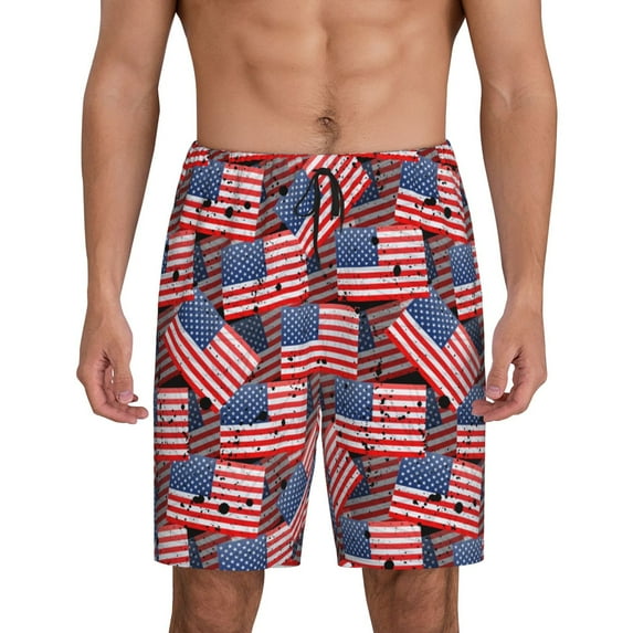 Pofeuu America Flags1 Print Men's Soft Woven Elastic Waistband Sleep Pajama Short-Large