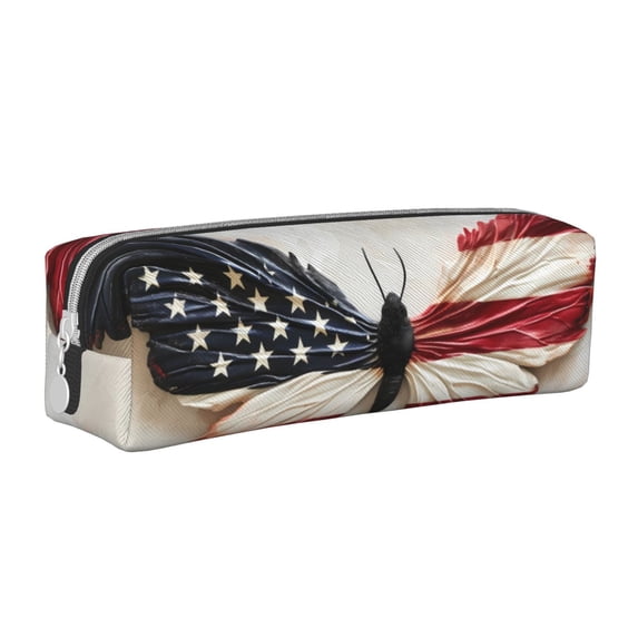 Pofeuu American Flag Butterfly Wall Print Leather Pencil Case, Leather Pencil Pouch Large Capacity, Big Pencil Pouch with Zipper Vintage Pen Bag Fountain Pen Holder