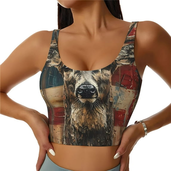 Pofeuu American Flag Deer Art Print Sports Bra for Women Sexy Vest Yoga Running Gym Fitness Crop Bras Tops-