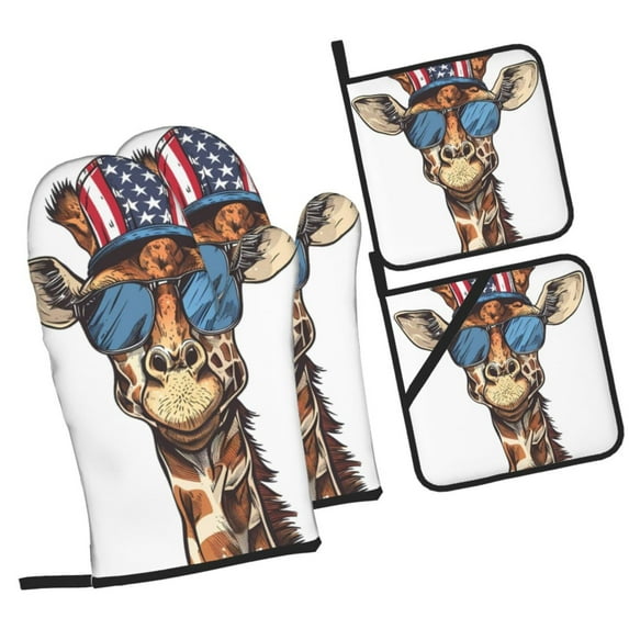 Pofeuu American Giraffe Style Print Oven Mitts and Pot Holders 4 pcs Set,High Heat Resistant 500 Degree Extra Thicken Long Kitchen Cotton Oven Glove for Cooking