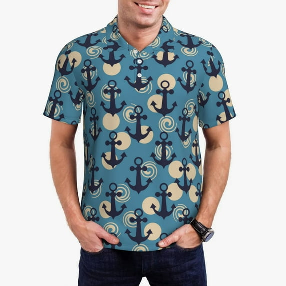Pofeuu Anchors Print Men's Loose Fit Midweight Short-Sleeve Pocket Polo-X-Large