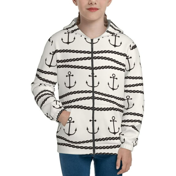 Pofeuu Anchors and Ropes Print Teenage Zipper Hoodie Sweatshirts Hooded Casual Jackets With Pocket For Boys Girls-Medium