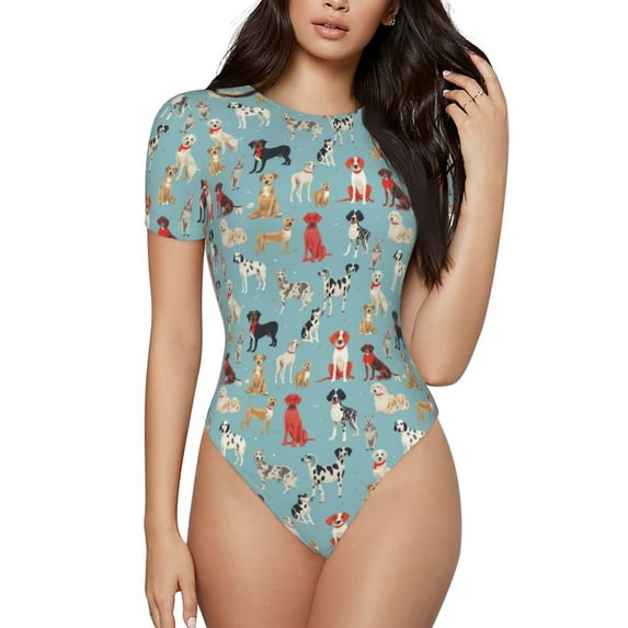 Pofeuu Animal Dog Print Short Sleeve Body Suits Women Round Neck Bodysuits for Women Onesie Adult Set Body Suit-Small
