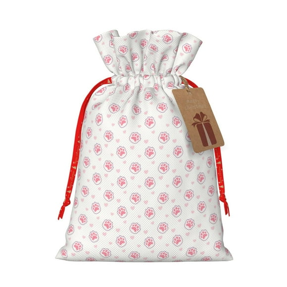 Pofeuu Animal Pink Color Paw Print Burlap Bags with Drawstrings Drawstring Gift Bags Pouch Bag for Thankgiving Birthday Party Gift Wrapping Treats and Party Favors-Small