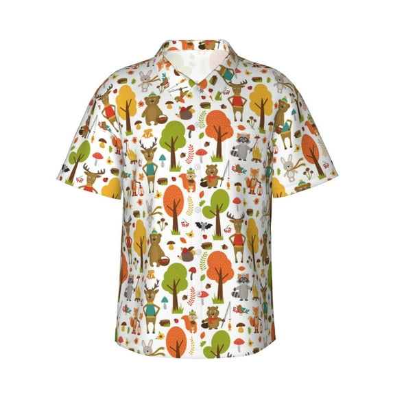 Pofeuu Animals Forest Print Hawaiian Shirt for Men Sleeves Casual Button Down Summer Beach Dress Shirts T-Shirts,Large