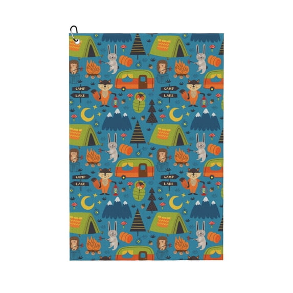 Pofeuu Animals In Camping Print Premium Golf Towel with Carabiner Clip Absorbent Microfiber Waffle Pattern Golf Towel for Golf Bag Trolly Belt Loop