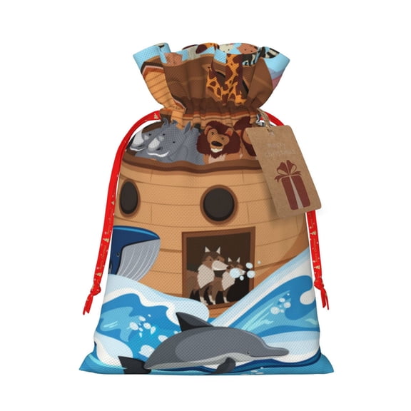 Pofeuu Animals on Noah's Ark Print Burlap Bags with Drawstrings Drawstring Gift Bags Pouch Bag for Thankgiving Birthday Party Gift Wrapping Treats and Party Favors-Small