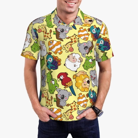Pofeuu Animals Print Men's Loose Fit Midweight Short-Sleeve Pocket Polo-Large