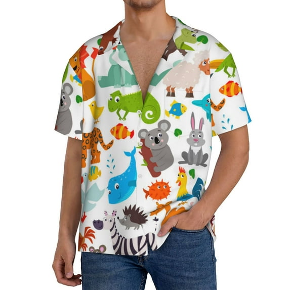 Pofeuu Animals Print Mens Casual Short Sleeve Shirts Beach Summer Spread Collar Pocket Tops Men's Casual Short-sleeved Shirt-Small
