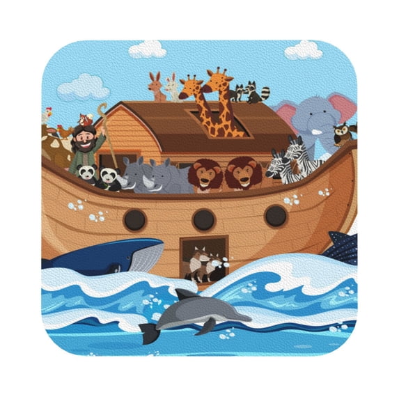 Pofeuu Animals on Noah's Ark Print Leather Coasters Set of 6, Round Cups Mugs Mat Pad for Home Kitchen Heat Resistant Drink Coasters,Square