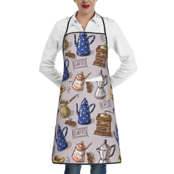 Pofeuu Antique Vintage Teapot Coffee Grinder Print Aprons with Pockets, Cute Aprons for Kitchen, Cooking, Server, Barber, Chef Apron