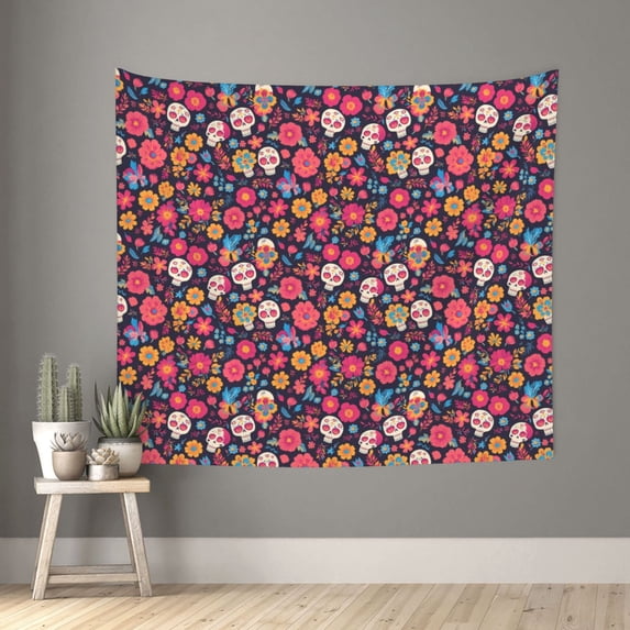 Pofeuu Apricot color Skull flower Print Wall Tapestry Decoration Wall Hanging Tapestry 60 x 51 Inch