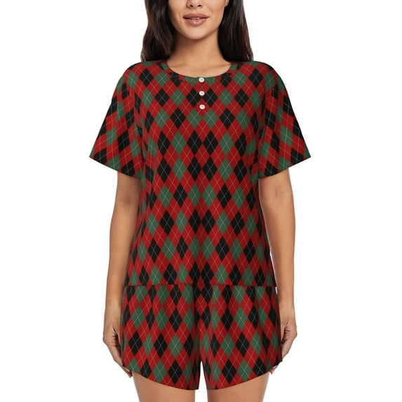 Pofeuu Argyle Plaid Print Women's Pajama Set Short/Shorts Soft Button PJs Elastic Drawstring Waist Sleepwear-3X-Large