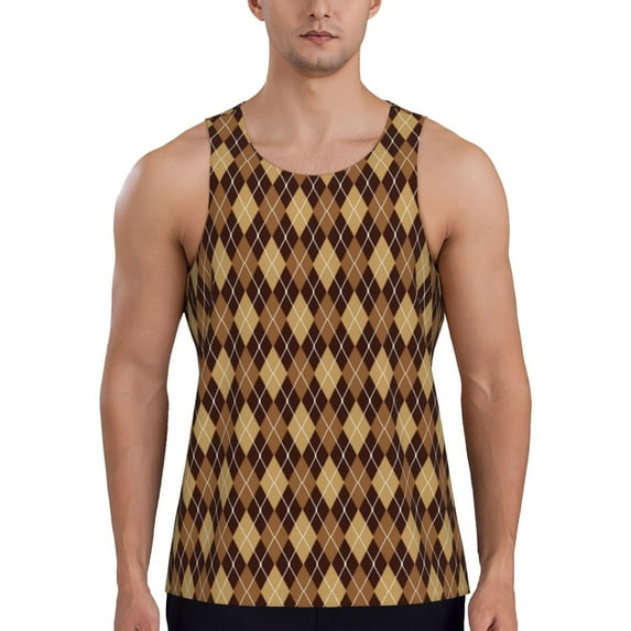 Pofeuu Argyle of brown Print Men's Workout Tank Tops Sleeveless Muscle Gym Shirt Quick Dry -3X-Large