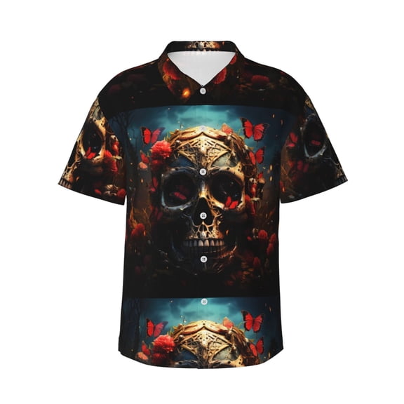 Pofeuu Artistic Flower Butterfly Skull Print Hawaiian Shirt for Men Sleeves Casual Button Down Summer Beach Dress Shirts T-Shirts,XX-Large