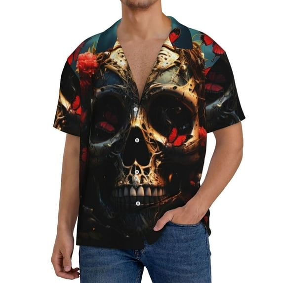 Pofeuu Artistic Flower Butterfly Skull Print Mens Casual Short Sleeve Shirts Beach Summer Spread Collar Pocket Tops Men's Casual Short-sleeved Shirt-Medium