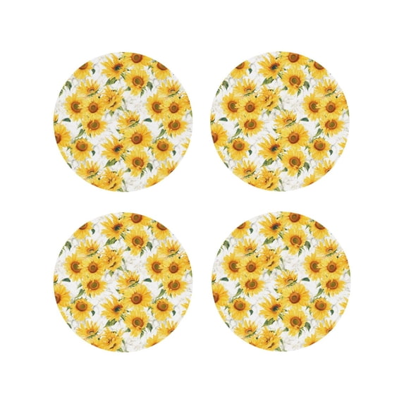 Pofeuu Artistic Marble Pattern Sunflower Print Coasters for Drinks, 4Pack PU Leather Coasters, Bar Drink Coasters for Tabletop Protection, Furniture from Damage-Round Shape