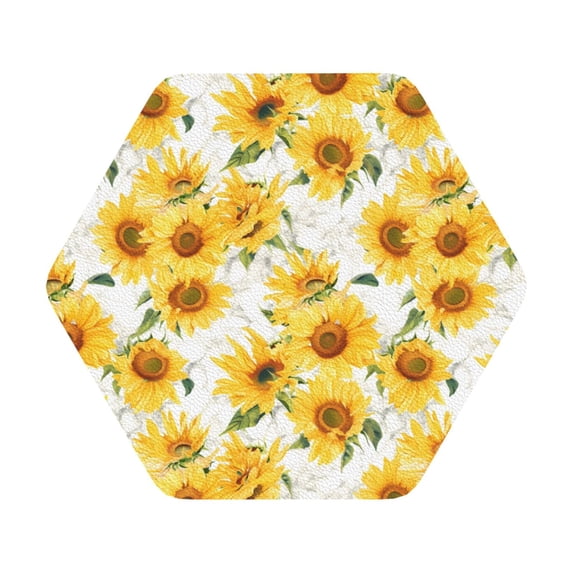 Pofeuu Artistic Marble Pattern Sunflower Print Leather Coasters Set of 6, Round Cups Mugs Mat Pad for Home Kitchen Heat Resistant Drink Coasters,Hexagon
