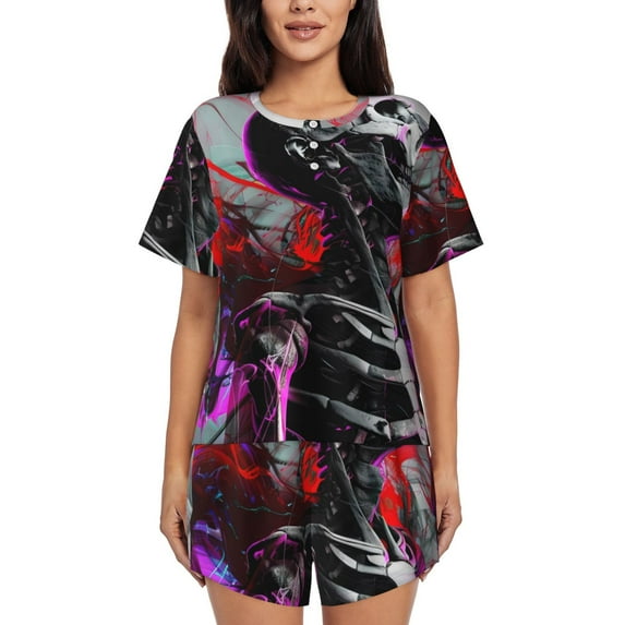 Pofeuu Artistic Skull Print Women's Pajama Set Short/Shorts Soft Button PJs Elastic Drawstring Waist Sleepwear-4X-Large