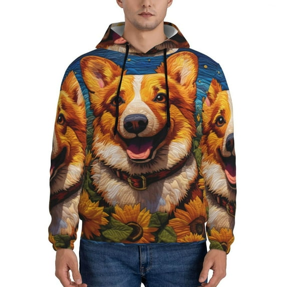 Pofeuu Artistic Sunflower Corgi Print Mens Casual Hooded Collar Drawstring Hoodies Pullover Sweatshirts Casual Long Sleeve Shirts-X-Large