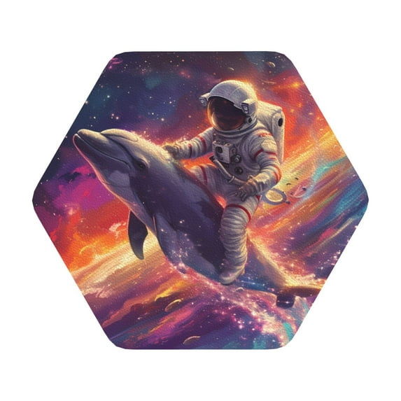Pofeuu Astronaut Dolphin Print Leather Coasters Set of 6, Round Cups Mugs Mat Pad for Home Kitchen Heat Resistant Drink Coasters,Hexagon