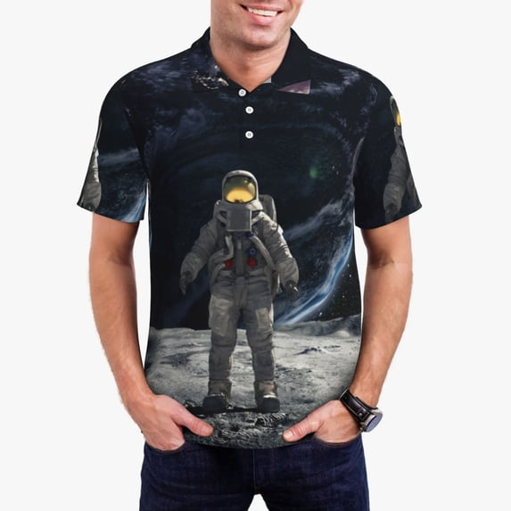 Pofeuu Astronaut Standing In The Moon Print Men's Loose Fit Midweight Short-Sleeve Pocket Polo-XX-Large