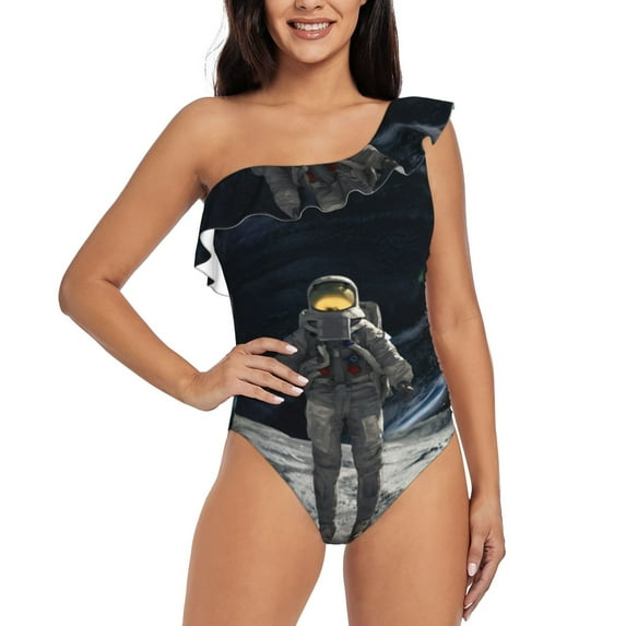 Pofeuu Astronaut Standing In The Moon Print Women's One Piece Swimsuits One Shoulder Swimwear Asymmetric Ruffle Monokinis Bathing Suits-Small