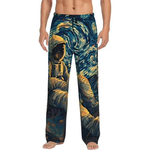 Pofeuu Astronaut Starry Night Print Men's Pajama Pants, Soft Lounge Pajama Pants with big pockets for Men Plaid Pj Bottoms-Large
